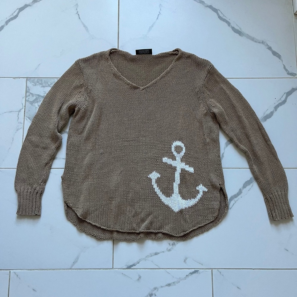 Wooden Ships Anchor V Cotton Sweater almond butter brown sz S/M